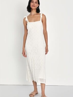 New Lulu's  Get Sweet White Crochet Tie-Shoulder Midi Dress Sz Medium